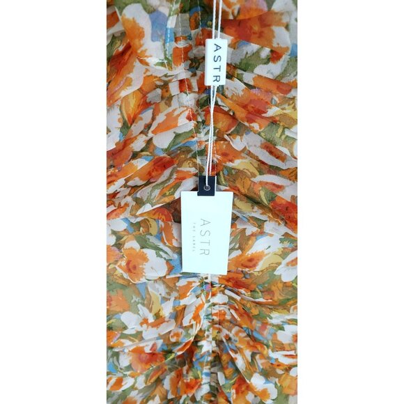 ASTR The Label Orange Floral Ruched Midi Milkmaid Dress Ruffle Sleeves Sz M NWT - Picture 4 of 6